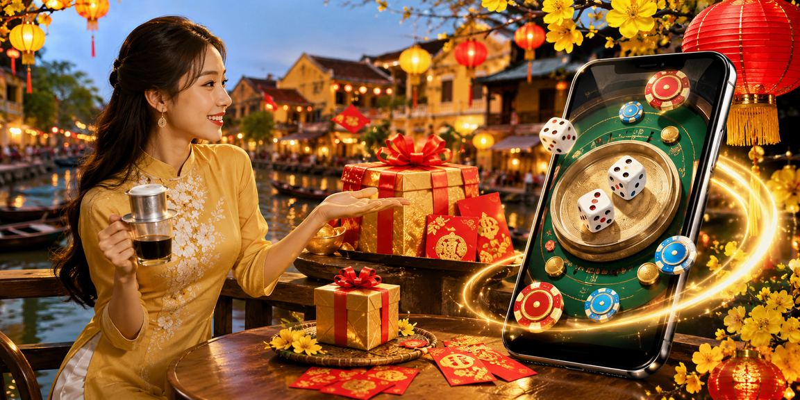 Bàn xúc xắc Tài Xỉu tại quán cà phê phong cách Hội An về đêm